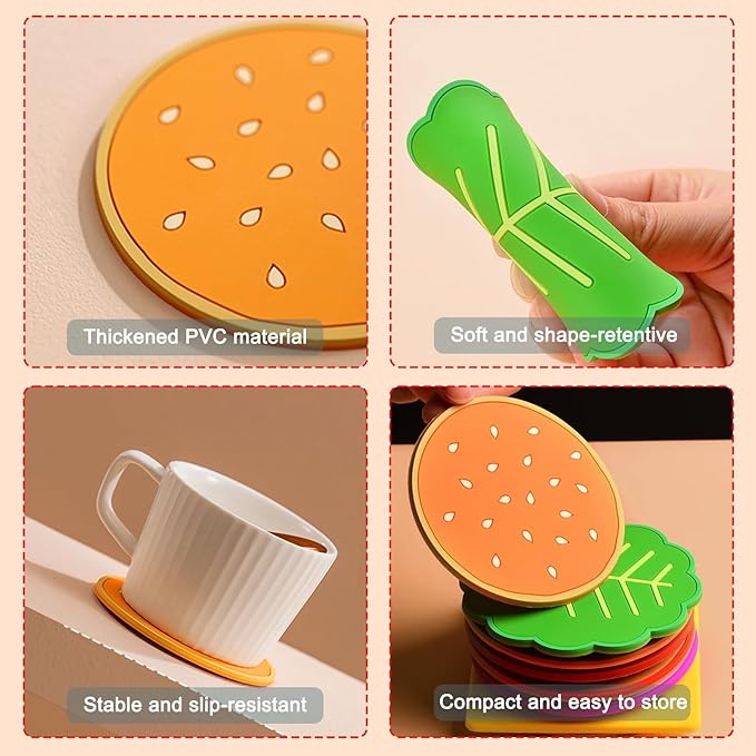 Coasters Set of 8 Cute Hamburger Cup Coasters for Drink, PVC Scratch-Resistant Non Slip Hot Cold Table Drinks Coasters for Beverage Drink Beer Wine Glass Coffee Tea