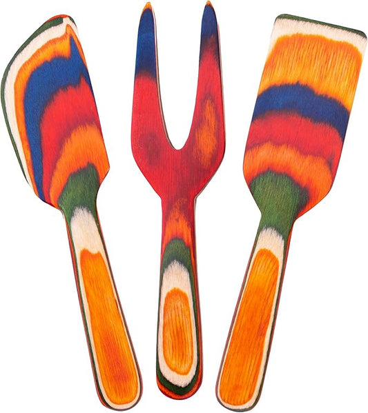Totally Bamboo Baltique Marrakesh Collection 3 Piece Cheese & Charcuterie Tool Set, Colorful Wooden Cheese Knife Set