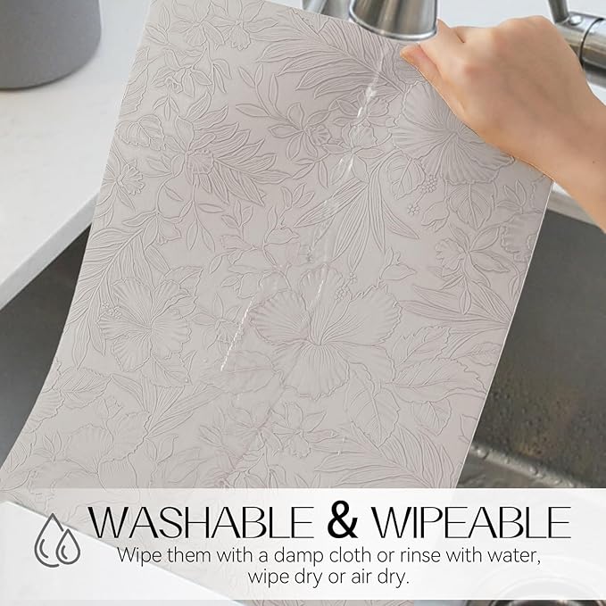 Romanstile Vinyl Placemats Set of 8-12 X 17 Inch - Heat Resistant Non-Slip Embossed Floral Place Mats 100% Waterproof Oilproof Wipeable Faux Leather Table Mats for Kitchen/Dining/Party, LightGrey