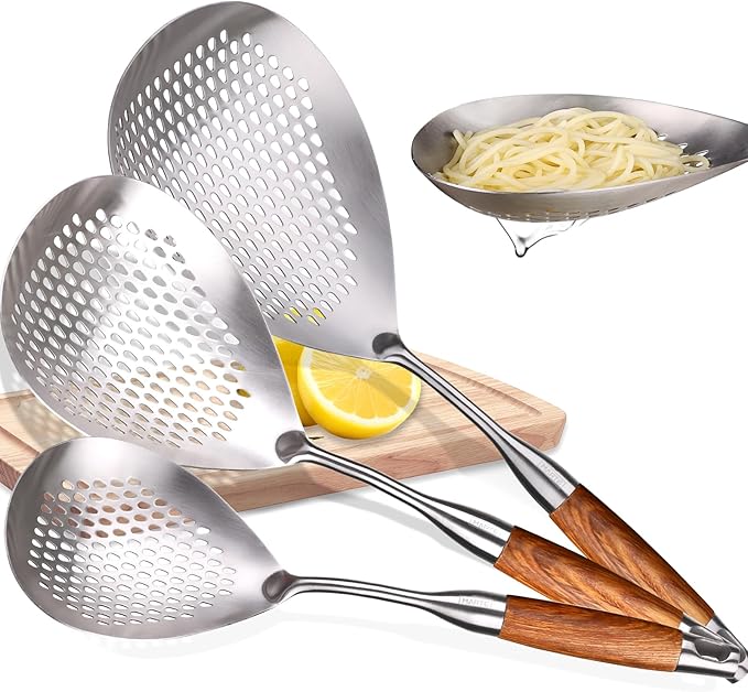 MARTE Skimmer Slotted Spoon Set of 3-304 Stainless Steel Spider Strainer Tools Ladle Spoon with Handle for Cooking and Frying - Kitchen Large Pasta Strainer Frying Colander - 14.8In,16.5In,17In