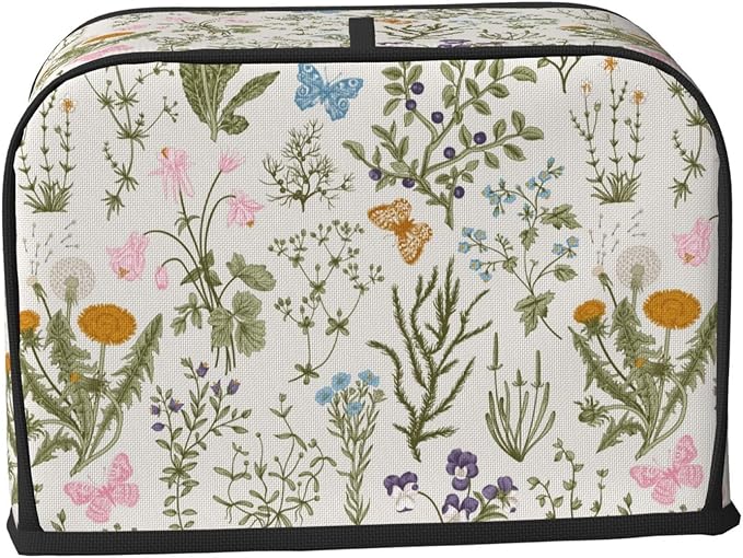 Vintage Flower Wild Herb Floral 2 Slice Toaster Cover, Waterproof Toaster Dust Cover Bread Maker Protective For Small Kitchen Appliance Dining Room Home Table Decor Gifts