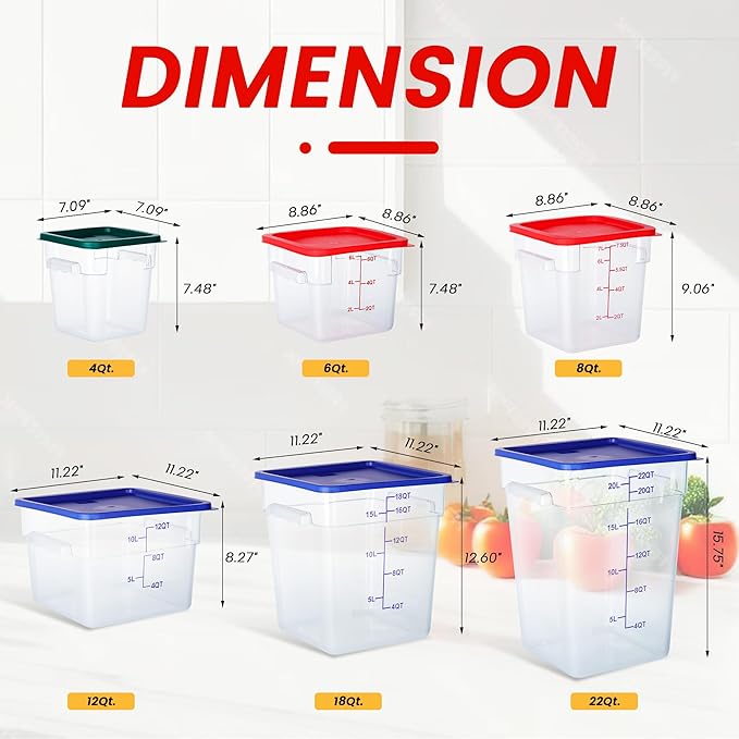 STEELUS 4 Pack Food Storage Containers, 6 Quart with Lids, Square Commercial Containers with Scale, Clear NSF Food Organizing, Polycarbonate