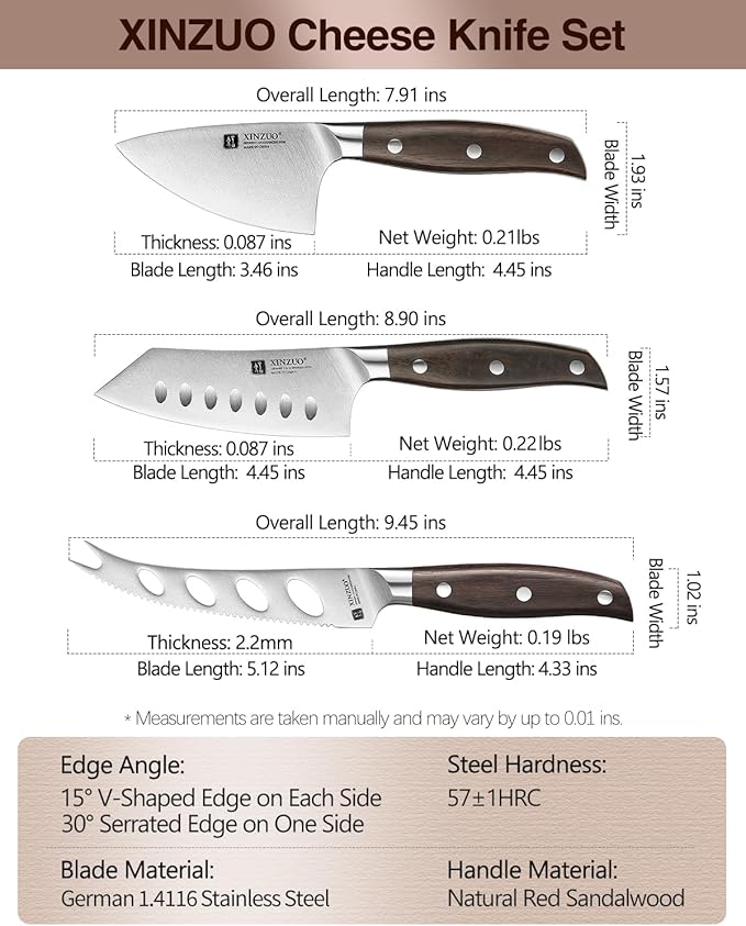 XINZUO Cheese Knife Set with In-Drawer Block, 4-Piece for Charcuterie Board,Hard Cheese Knife-Parmesan Cheese Knife,German Stainless Steel,Red Sandalwood Handle