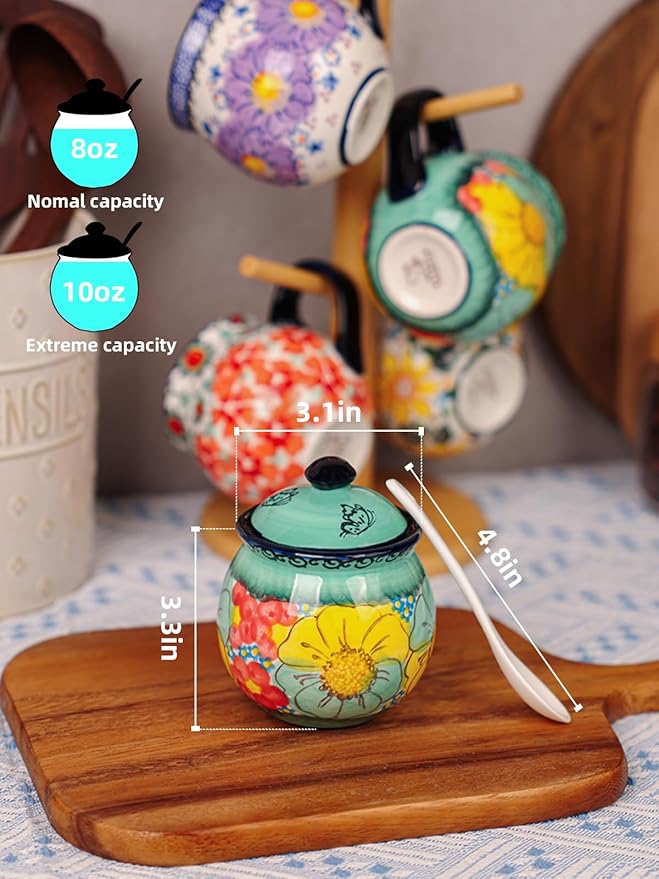 silesia Handmade Sugar Bowl with Lid and Spoon, 8 oz Hand-Painted Ceramic Sugar Jar, Floral Design Seasoning Container for sugar, honey, or spices, Dishwasher Safe (Flowers Green)