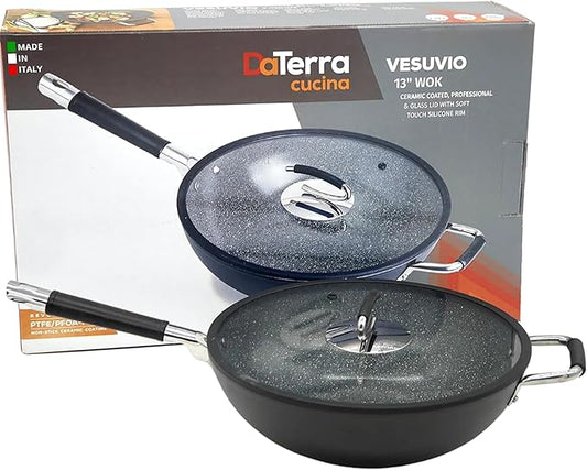 DaTerra Cucina - Nonstick Ceramic Wok with Lid - Made in Italy - High Heat Resistant Nonstick Cookware - Oven Safe, PTFE, Cadmium, Lead & PFOA free - Volcanic Black Speckled 13