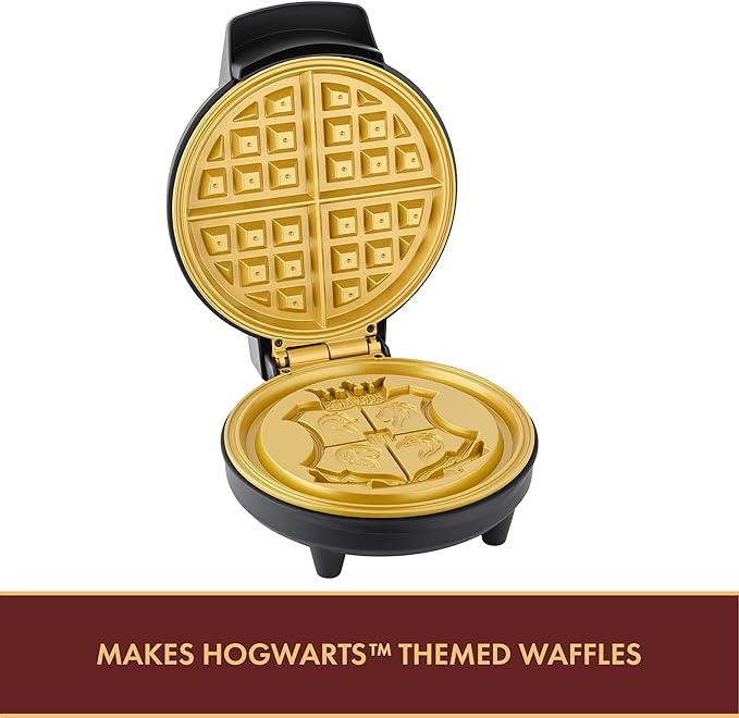 Warner Brothers Harry Potter Round Waffle Maker by Select Brands - Ceramic Coated Cooking Plates - Imprints Hogwarts Crest on Waffles, Black and Gold, WBH-250WM