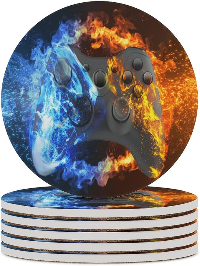 Round-6PCS Gamer Drink Coasters, Round Modern Ceramic Absorbent Coasters, Gamepad Cool Flame Game Controller Gaming Gamer Decor Desk Coffee Table Coaster for Beverage Cup Tea Coasters