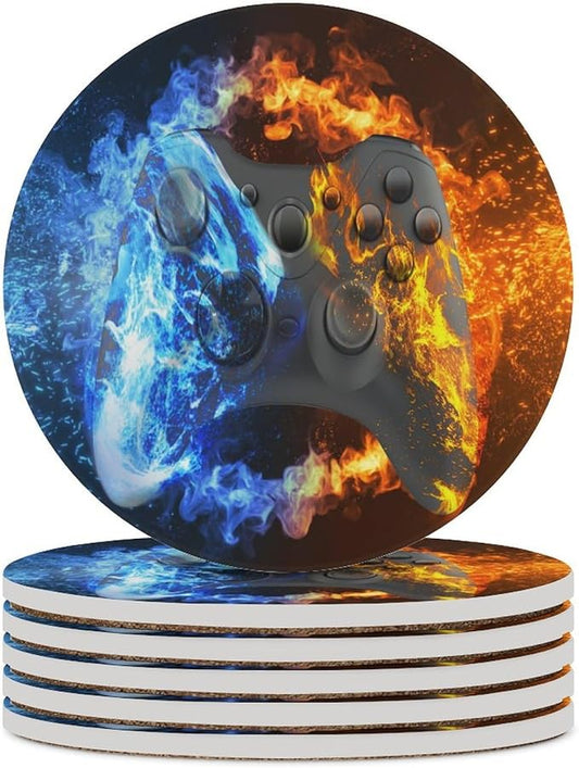 Round-6PCS Gamer Drink Coasters, Round Modern Ceramic Absorbent Coasters, Gamepad Cool Flame Game Controller Gaming Gamer Decor Desk Coffee Table Coaster for Beverage Cup Tea Coasters