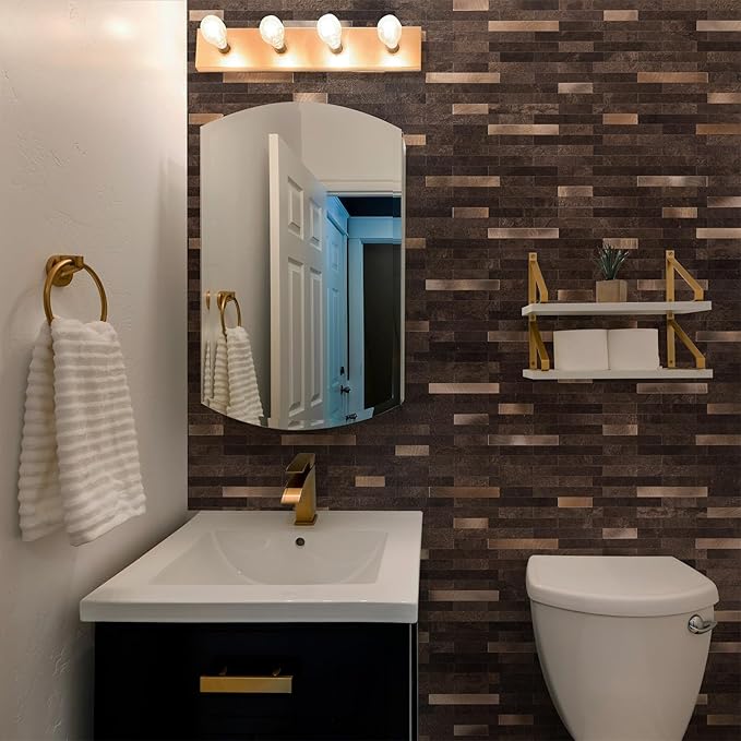 20 Sheets Peel and Stick Backsplash for Kitchen, Dark Brown with Metal Gold Look Stick on Tile Upgrade Your Kitchen Backsplash, RV, Fireplace