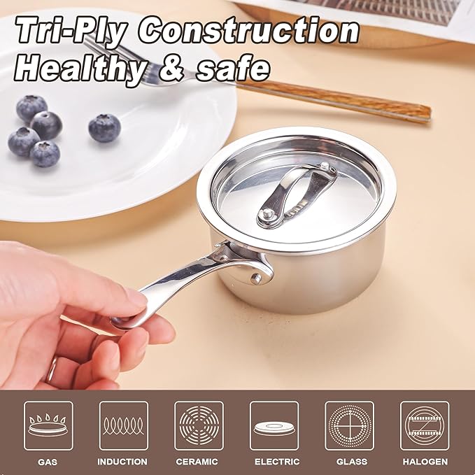 KC-Emier Mini Sauce Pan with Lid, Tri-Ply Stainless Steel Pot with Stay-Cool Handle & All Cooktop Compatibility (Gas, Ceramic, Electric) - Silver