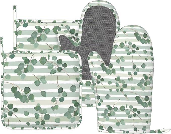 Eucalyptus Branches Silicone Oven Mitts and Pot Holders Sets Green Tropical Leaves Watercolor Kitchen Mitts Potholder Kitchen Accessories for Cooking Baking BBQ