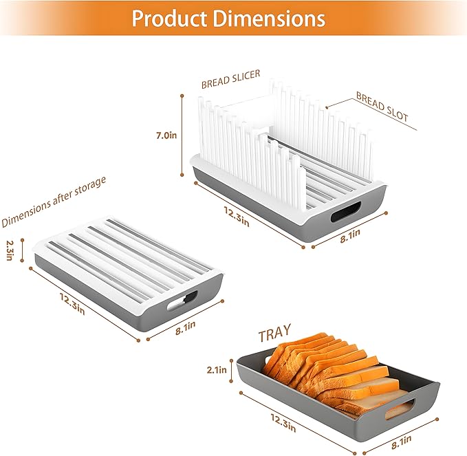 Bread Slicer Guide for Homemade Bread with 304 Stainless Steel Sheet and Storage Tray、3-Slice Thickness，Adjustable Width for Cake、Bagels、Toast.