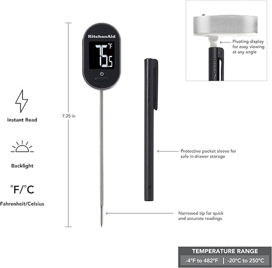 KitchenAid KQ904 Digital Instant Read Kitchen and Food Thermometer, Temperature Range: -40F to 482F, Black