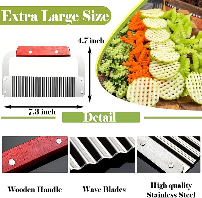 FANTEXY Extra Large Crinkle Cutter - French Fry Cutter, Waffle fry Chopper for Carrots And Potatoes, Wavy Crinkle Cutting Knife with Wood Handle for Professional Kitchens for Fruit
