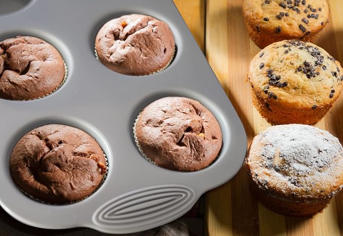 Baocuan Silicone Muffin Pan - 6-Cavity Nonstick Baking Tray for Muffins, Cupcakes, Brownies and More - Food Grade and BPA Free - Pack of 3 Colors (Gray, Orange, Peacock Blue)