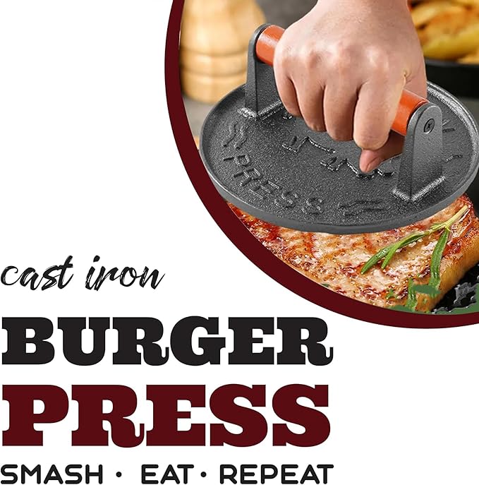 Burger Press with Professional Heavy Duty Cast Iron for Blackstone Griddle Grill,Smashburger, Bacon, Ground Beef Meat, Steak, Sausage, Sandwich Cooking【7.2 inch Round】