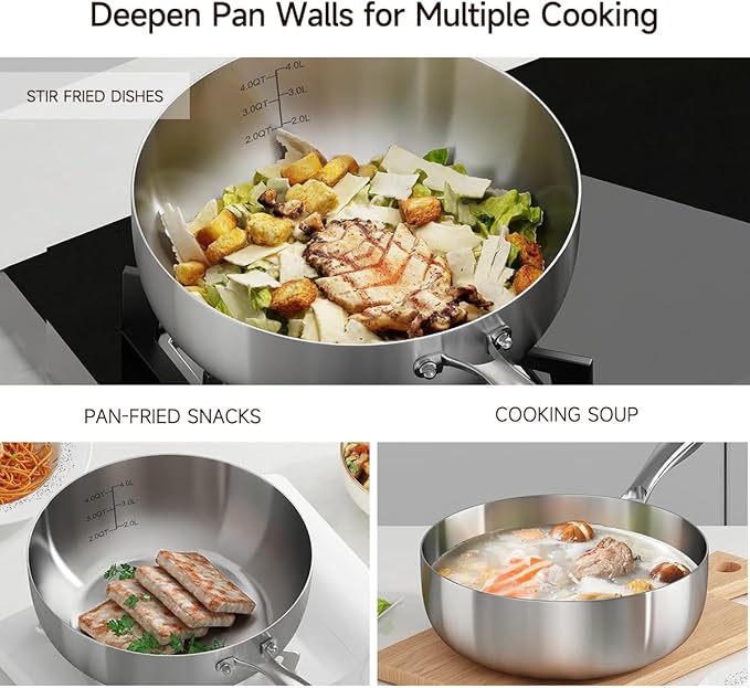 YeKuKing Tri-ply Stainless Steel Saute Pan 6-Quart with Clear Lid Deep Frying Pan for Chef's Cooking Wok Induction Oven Dishwasher Safe, Compatible with All Cooktops(Detachable Handle, 12 Inch)
