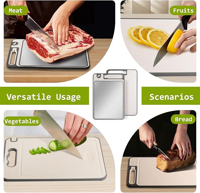 NTIERA 3-in-1 Stainless Steel Cutting Board for Kitchen, Double Sided, Cutting Board,Scratch-Resistant Mesh Design with Juice Groove,Easy Clean,Wheat Straw PP Large Chopping Board 15 * 11IN