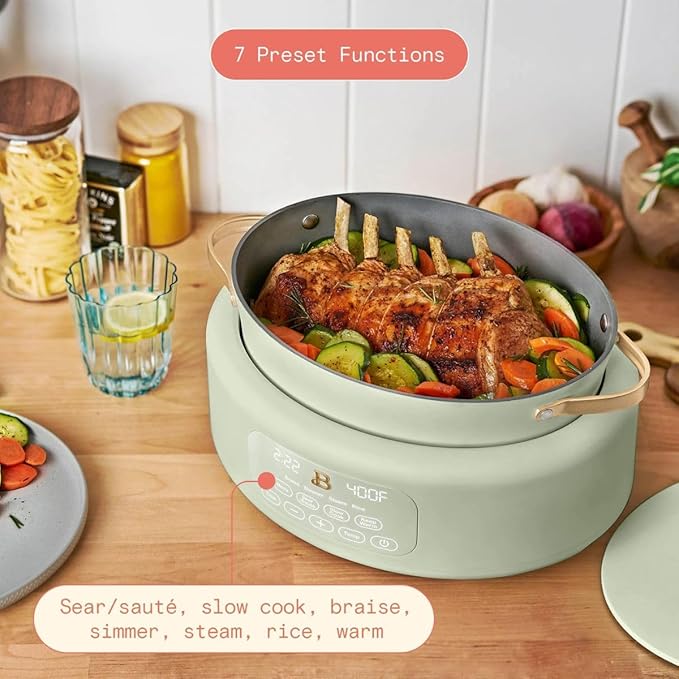 Beautiful 10-in-1 Electric Multi-Cooker, 6-Quart, Digital Display, Non-Stick Pot, One-Touch Control, 10 Cooking Functions (Sage Green)