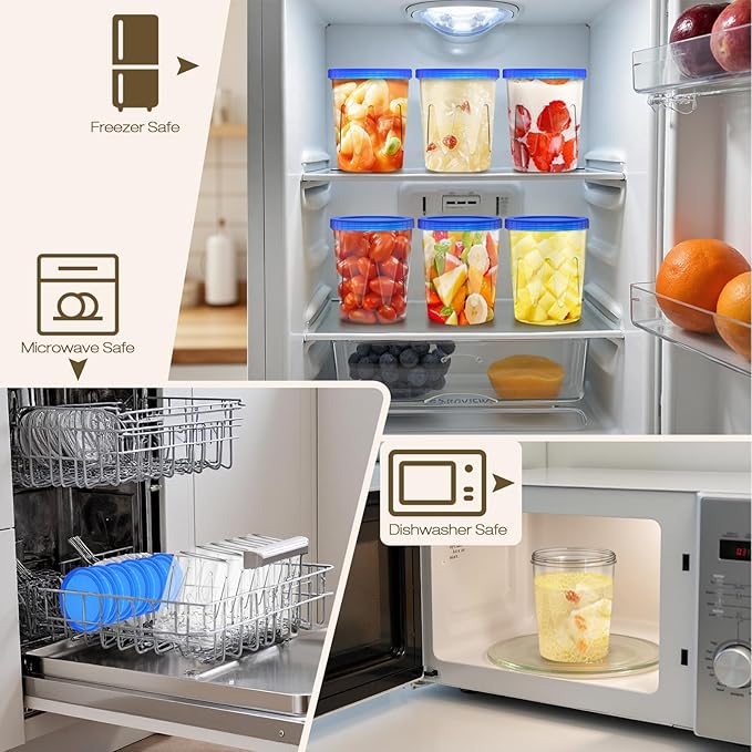 Reusable Freezer Storage Containers [UNIQUE INNOVATIVE DESIGN] 6 Pack-34 Oz Arrow Indicates Easy Opening and Closing of Lid Microwave and Dishwasher Safe,Soup Containers for Oats/Salad