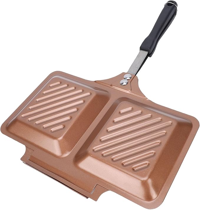 Double Sided Stovetop Press Iron for Quick Breakfast Sandwiches Wide Application 9.8x5.5 Inches (Gold)