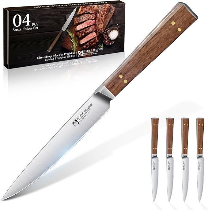 Purple Dragon Steak Knives Set of 4 - Smooth Edge Non-Serrated Blade with Square Wooden Handle – Elegant, Balanced, High Carbon German Steel - Christmas Gift for Men and Women