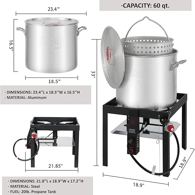 Feasto 60 QT Seafood Boil Pot with Basket and Burner, Aluminum Seafood Boil Pot and Burner Kit with 100,000 BTUs Output and 10 PSI Regulator for Cooking Crawfish, Shrimp, Crab, CSA Certified