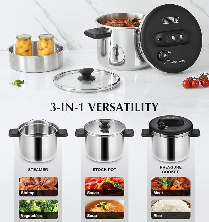 KOCH SYSTEME CS 8.5QT Pressure Cooker Stainless Steel, Olla de Presion, 18/10 Stainless Steel Pressure Cooker, Easy One-Press Lock Pressure Cookers, Induction Ready, Glass Lid & Steamer
