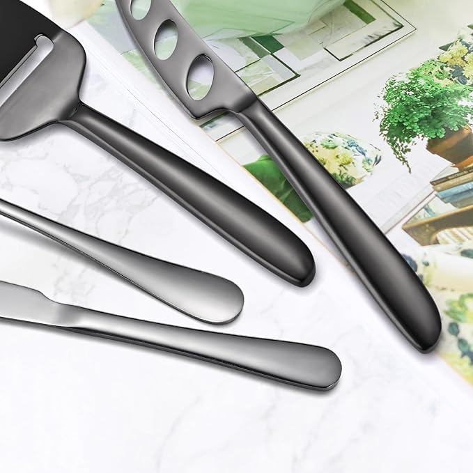 8 Pieces Black Cheese Knives Set with Dinning Knife Fork Spoon Stainless Steel Multifunctional Kitchen Gadget Baking Utensils Cooking Tool