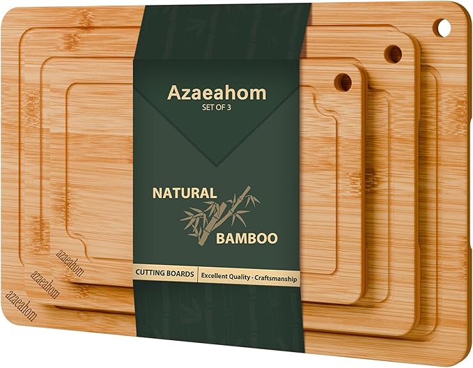 Azaeahom Bamboo Cutting Boards for kitchen, Wood Cutting Board with Juice Grooves & Built-in Handles, Large Medium Small Chopping Board for Meat, Vegetables