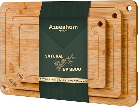 Azaeahom Bamboo Cutting Boards for kitchen, Wood Cutting Board with Juice Grooves & Built-in Handles, Large Medium Small Chopping Board for Meat, Vegetables