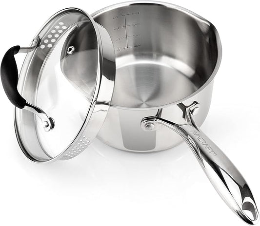 AVACRAFT Stainless Steel Saucepan with Glass Strainer Lid, Two Side Spouts for Easy Pour with Ergonomic Handle, Multipurpose Sauce Pot (5-Ply Capsule Bottom, 2.5 Quart)