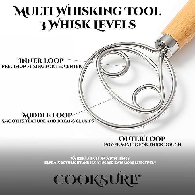 13 Inch Danish Dough Whisk – 304 Stainless Steel Dough Whisk with Smooth Wooden Handle for Easy Sourdough & Bread Mixing