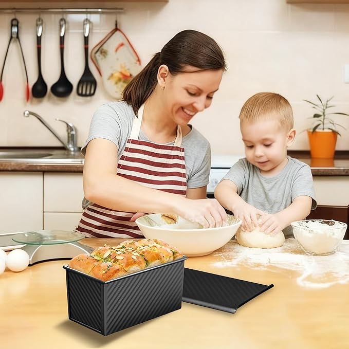 2 Pack Pullman Loaf Pan with Lid, 1 lb Dough Capacity Non-Stick Bakeware for Baking Bread, Carbon Steel Bread Toast Box with Cover, Homemade Sandwich Toast, Black