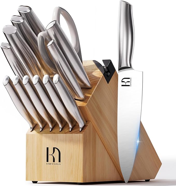 Knife Set, Premium Knife Block Set for Kitchen 14 Pcs UltraSharp Japanese High Carbon Stainless Steel with Block and Built-in Sharpener, Kitchen Knives Set with Non-serrated Steak Knives