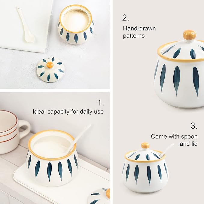 Ceramic Sugar Bowl with Lid and Spoon – 12 oz Sugar Container for Kitchen Counter, Coffee Bar and Home, Farmhouse Sugar Jar for Coffee, Tea, and Baking, Sugar Pot Dishwasher Safe