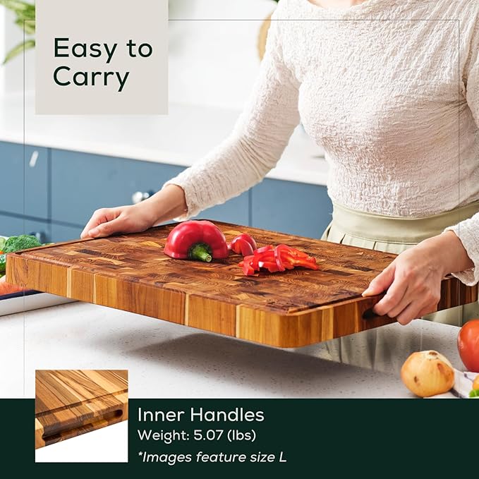 EZ FURNITURE Large (L) Teak Wood Premium Cutting & Serving Board, End Grain with Juice Groove & Handles, Knife Friendly for Chopping, Non-Toxic (20" x 15" x 1.5", 11.9 lbs)