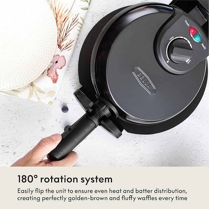 bella Classic Rotating Belgian Waffle Maker with Nonstick Plates, Removable Drip Tray, Adjustable Browning Control and Cool Touch Handles, Black