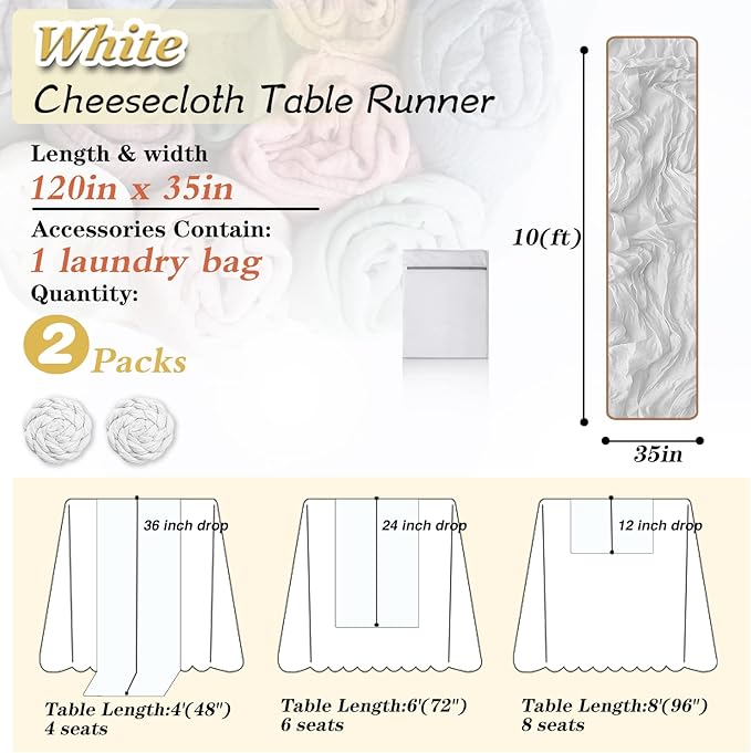 White Cheesecloth Table Runner 2 Pack 35" Boho Gauze 120 inches Long Runner Rustic Sheer Cheese Cloth Fabric Bulk for Baby Shower Wedding Bridal Birthday Party Decorations