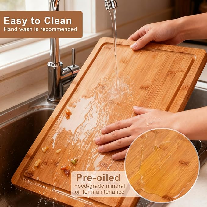 Tafopue Bamboo Cutting Board, Large Kitchen Chopping Board with Deep Juice Groove & Built-in Handle, Reversible Wooden Charcuterie Board and Serving Tray for Meat, Bread, Fruit, Daily Use, 16×11×0.6''