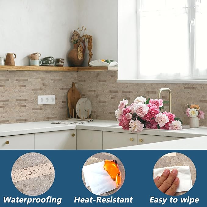 Yipscazo 20 Sheets Peel and Stick Stone Metal Backsplash, PVC Wall Tiles Stick on Tiles for Backsplash Kitchen, Bathroom, Fireplace (6'' X 12'', Beige Stone)
