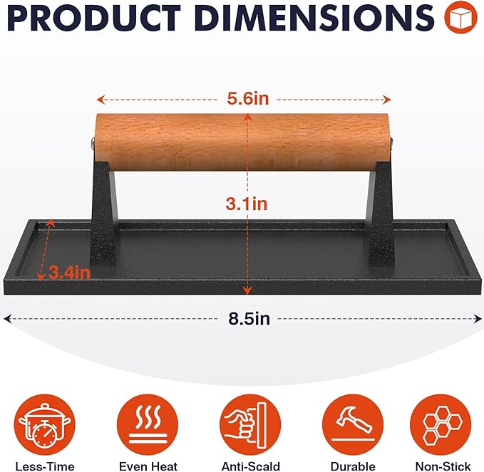 LLAMA VIVA 8.5"*3.1" Smash Burger Press, Cast Iron Grill Press with Wood Handle - Rectangle, Juicy and Crispy Burgers for BBQs, Cookouts - 1Pcs