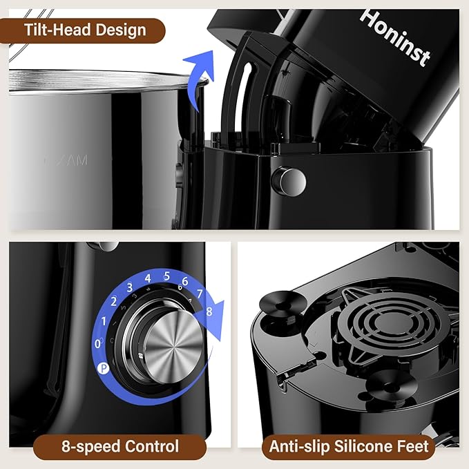 Honinst Stand Mixer, 3-In-1 8-Speed 660W 6.5QT Tilt-Head Food Electric Mixers with Bowl, Dough Hook, Whisk and Beater, Kitchen Mixer for Baking, Cake and Most Home Cooks, Black