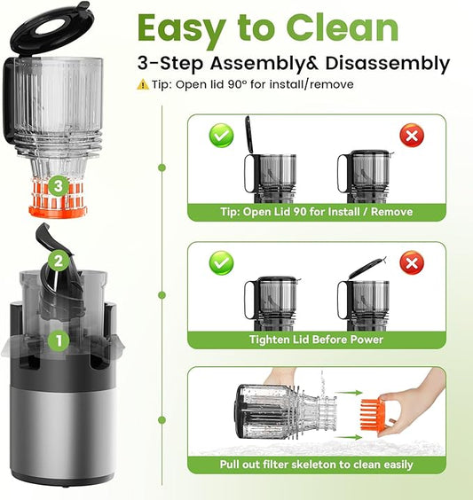 Cold Press Juicer Machines, High Nutrient Retention, 99% Juice Yield, 5.3" Wide Feed Chute for Whole Fruits & Vegetables, Quiet Slow Masticating Juicer, BPA-Free, Easy to Clean
