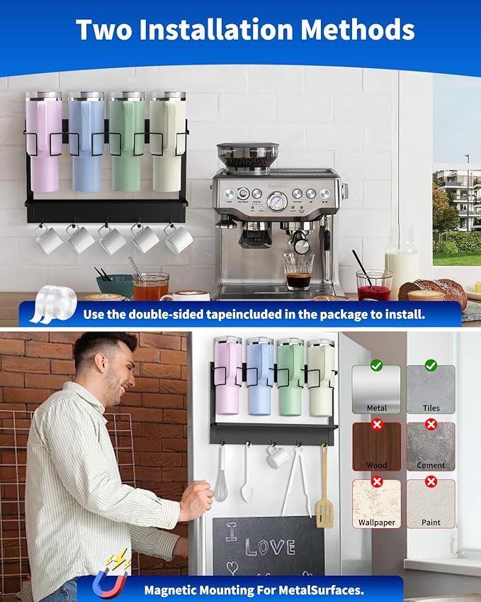 Magnetic Cup Holder for Stanley 20/30/40 oz, Water Bottle Organizer for Stanley & Most Tumblers Kitchen Cabinet Fridge Storage Rack with 5 Hook