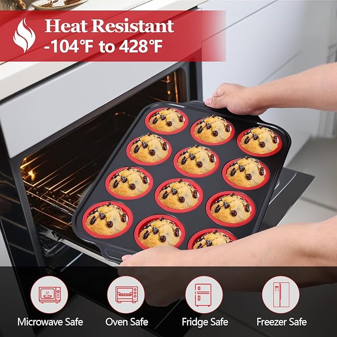 YiYeraio 12 Cups Silicone Muffin Pans for Baking with Metal Frame, Egg Bite Molds, Cupcake Pans Regular Size, Muffin Tins Easy to Pop Nonstick Non Toxic Bakeware for Oven Dishwasher Safe