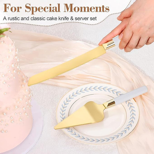 TUKDAK Gold Cake Cutting Set for Wedding, Wood Cake Knife & Server Set, Vintage 2-Piece Pie Cutter Serving Set, Serrated Pizza Utensils, Anniversary Birthday Bridal Gift (White)