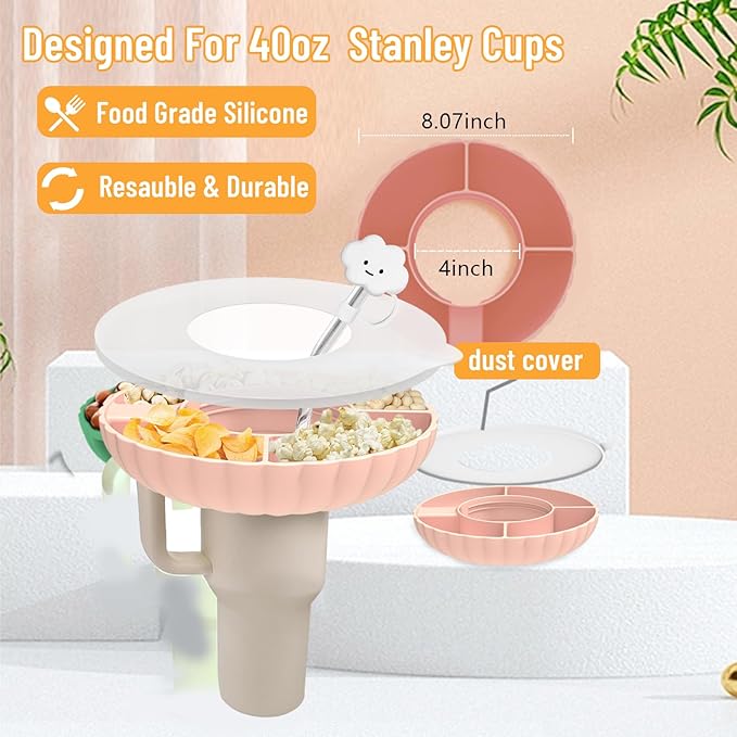 Stanley Snack Tray, Silicone Snack Bowl for Stanley Cup Accessories, 30 oz with Straws Cover, Fuchsia