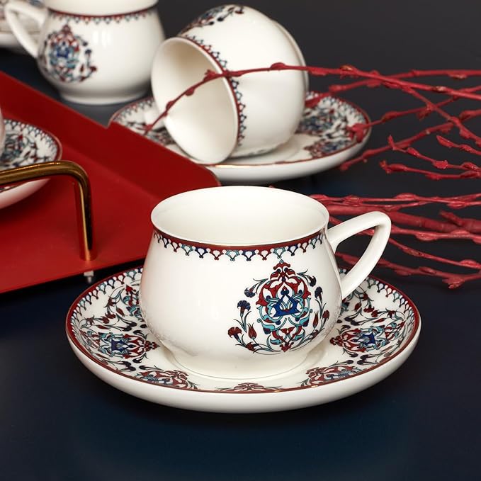 KARACA Nakkas Turkish Coffee Cup Set of 6, (12 Piece) White Cups with Saucers - 3.3 fl oz Small Porcelain Espresso Set - Ideal for Serving Greek, Arabic Coffee