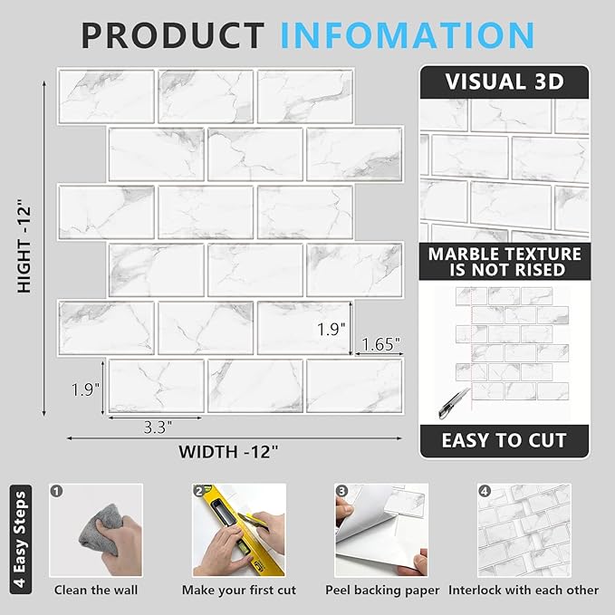 URCOLOR 10-Sheet Backsplash Tile for Kitchen Peel and Stick,12"x12" Self Adhesive Wall Tiles on Back Splashes for Bathroom White Marble Look